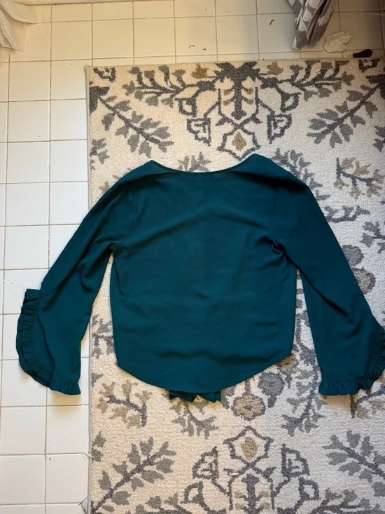 Abbeline Teal Tie-Front V-Neck Blouse with Ruffle Sleeves - Picture 7 of 7